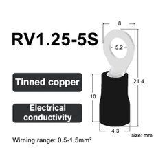 Кабельний наконечник RV1.25-5S кільцевий з ізоляцією 0.5-1.5 мм&sup2; чорний