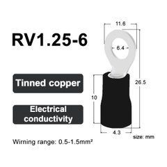 Кабельний наконечник RV1.25-6 кільцевий з ізоляцією 0.5-1.5 мм&sup2; чорний