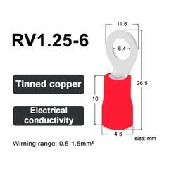 Кабельний наконечник RV1.25-6 кільцевий з ізоляцією 0.5-1.5 мм&sup2; червоний