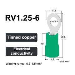 Кабельний наконечник RV1.25-6 кільцевий з ізоляцією 0.5-1.5 мм&sup2; зелений