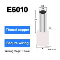 E6010 Білий ізольований кабельний наконечник втулковий 6.0 мм&sup2; 10мм для обтиску багатожильних проводів