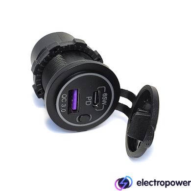 Врізний зарядний пристрій 83W з кнопкою 12-24V USB QC3.0 18W + USB Type C PD 65W