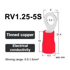 Кабельний наконечник RV1.25-5S кільцевий з ізоляцією 0.5-1.5 мм&sup2; червоний